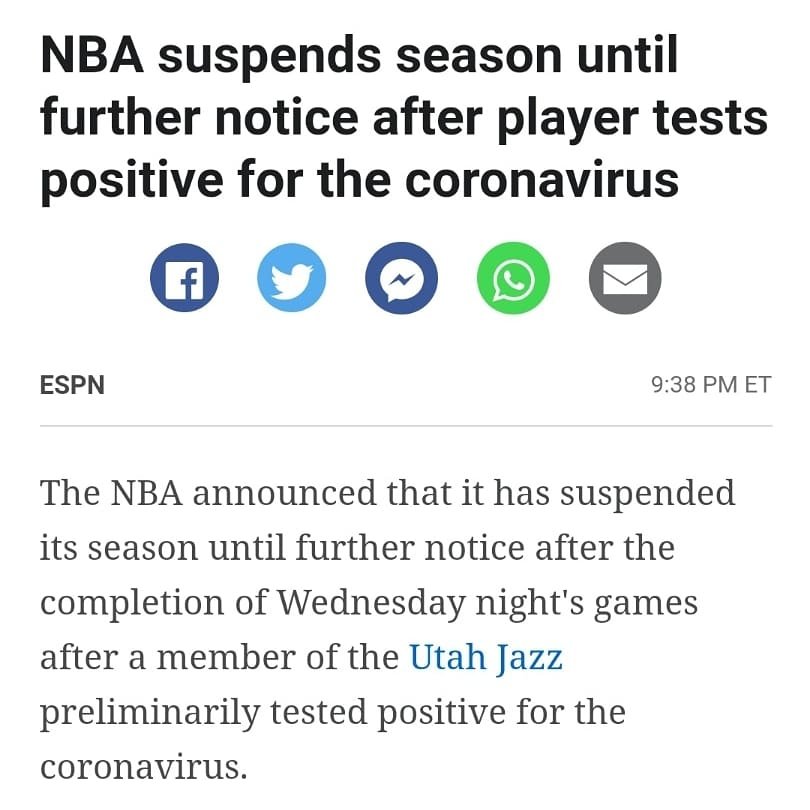ITMSDigital's tweet photo. No more #NBA until further notice due to Rudy Gobert reportedly tested positive for the coronavirus 

- via @espn 

#InTheseMediaStreets #sports #basketball https://t.co/jD6v31Yx4v