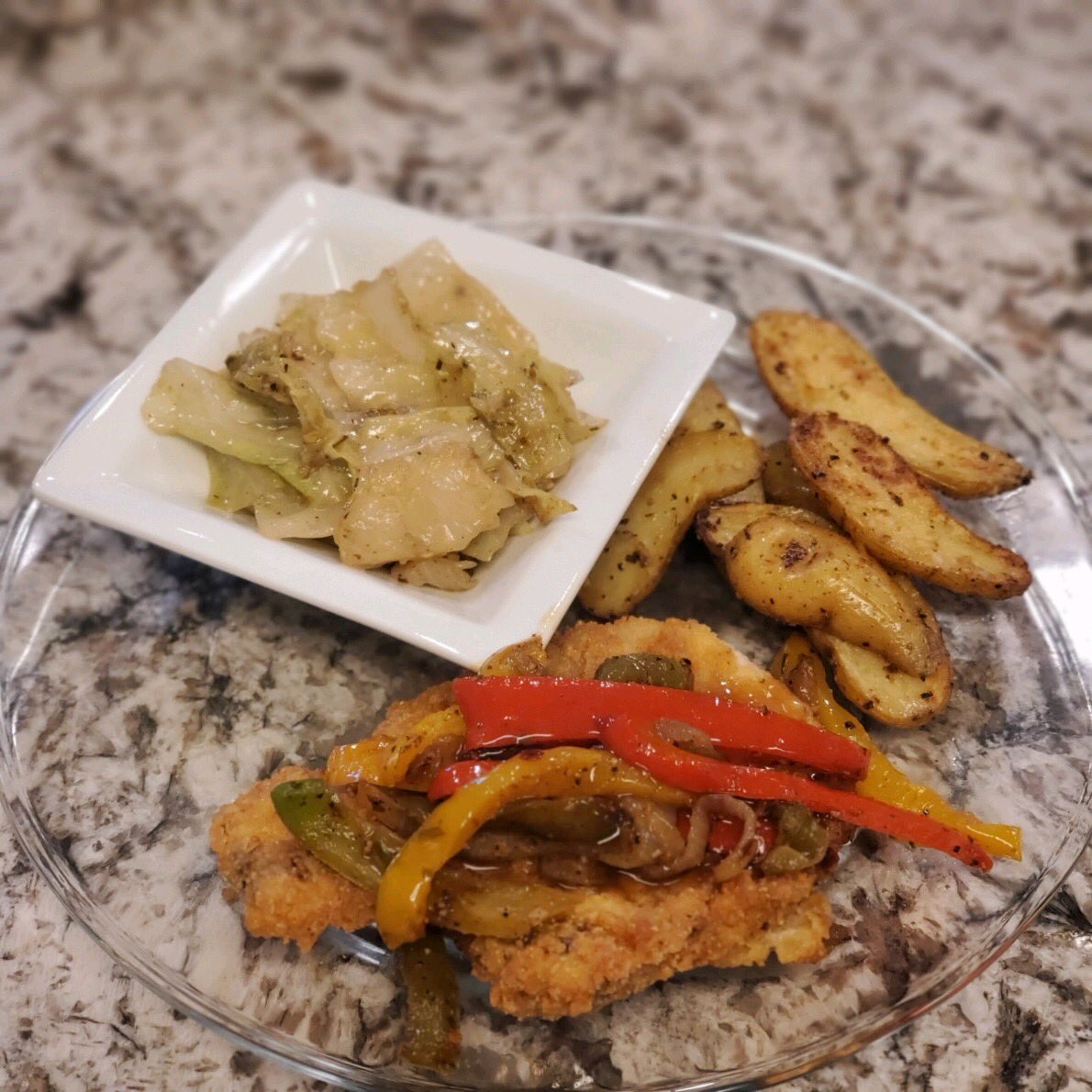 ForestSpringsHC's tweet photo. Wednesday Night dinner was Sauteed Cabbage, Italian seasoned Fingerling Potatoes, &amp; Porkchop w/red, green, yellow peppers &amp; demi glace sauce! #SkyCloud9  ⁦@MelissaLarmour⁩ https://t.co/fthgRmWTjj