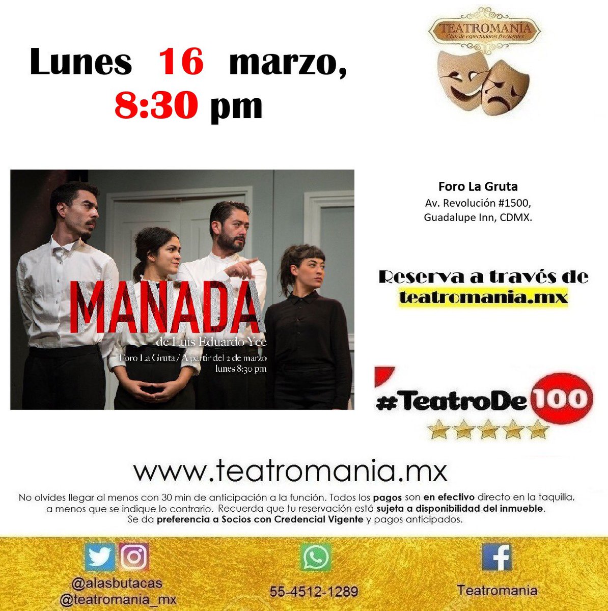 alasbutacas's tweet photo. En la sección de buenas noticias:

¡TENDREMOS RETO #TeatroDe100 en @ManadaObra!

Reserva ya tus boletos aquí:

https://t.co/cGv0N7DnR1

La función será el lunes 16 de marzo a las 8:30pm en el #ForoLaGruta del Helénico (Av. Revolución 1500) https://t.co/EBBPobuJDE