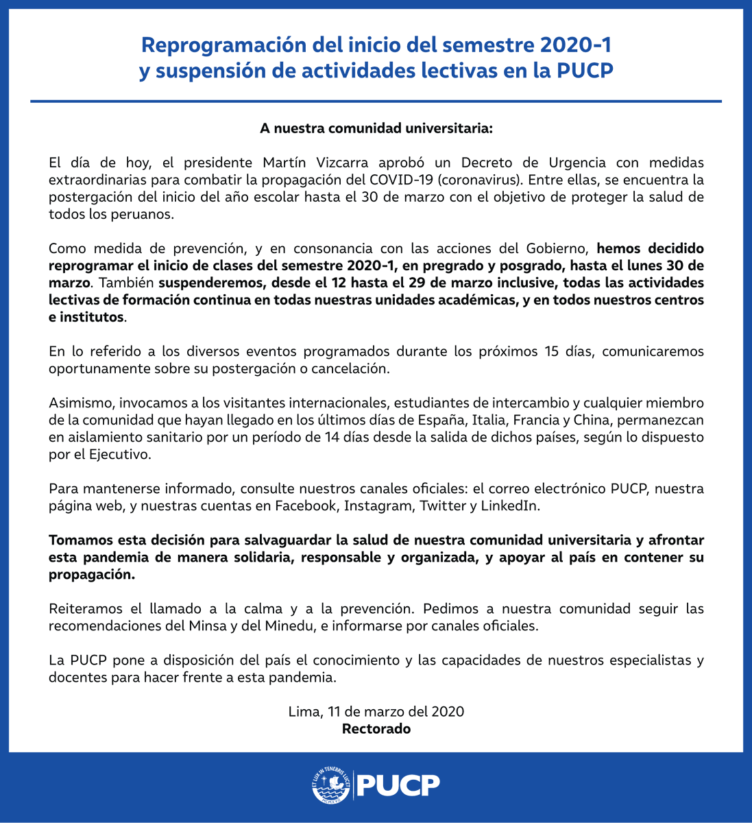 pucp's tweet photo. #Coronavirus:
Para prevenir la propagación del #COVID19, hemos decidido reprogramar el inicio de clases del semestre 2020-1, en pregrado y posgrado, hasta el lunes 30 de marzo.
Conoce más en #PuntoEdu: https://t.co/jIpE5naNoF https://t.co/3cc6etTqoF