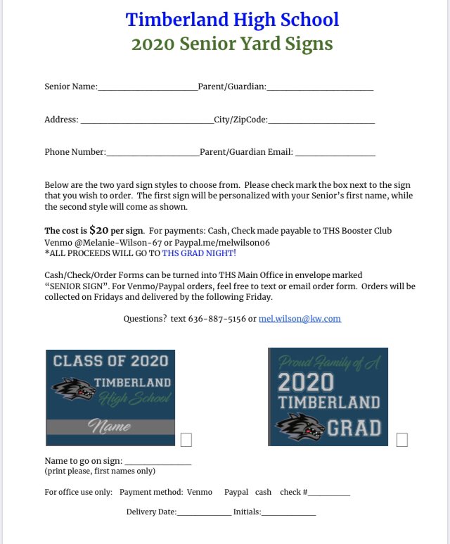 TGrad2020's tweet photo. THS Senior Yard Signs. Great way to advertise your senior. See the flyer below to order yours today. Orders will be placed on Fridays and will be received the following week. ONLY $20 https://t.co/pKgqQVGpSY