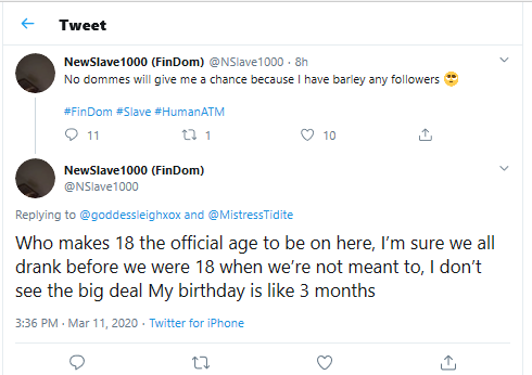 MemberBlasts's tweet photo. Thanks for confirming you're underage.

Putting @NSlave1000 #OnBlast for being underage &amp; engaging with the 18+ community.

Please #RT &amp; #REPORT (https://t.co/SauvXPybwA); keep the 18+ community 18+!

(Domination requires consent. Minors CANNOT CONSENT. It's a BIG FUCKING DEAL.) https://t.co/pBKeucLoDn