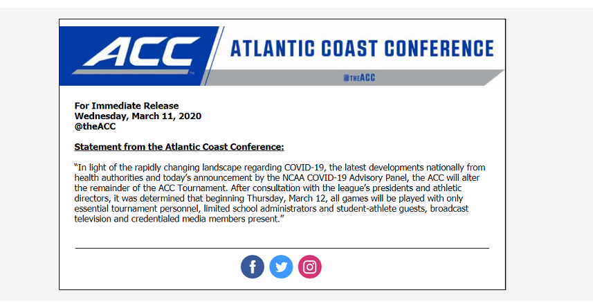 AJTarHeel247's tweet photo. ACC Statement on banning fans for the rest of the tournament https://t.co/DpEOaqPi9Z