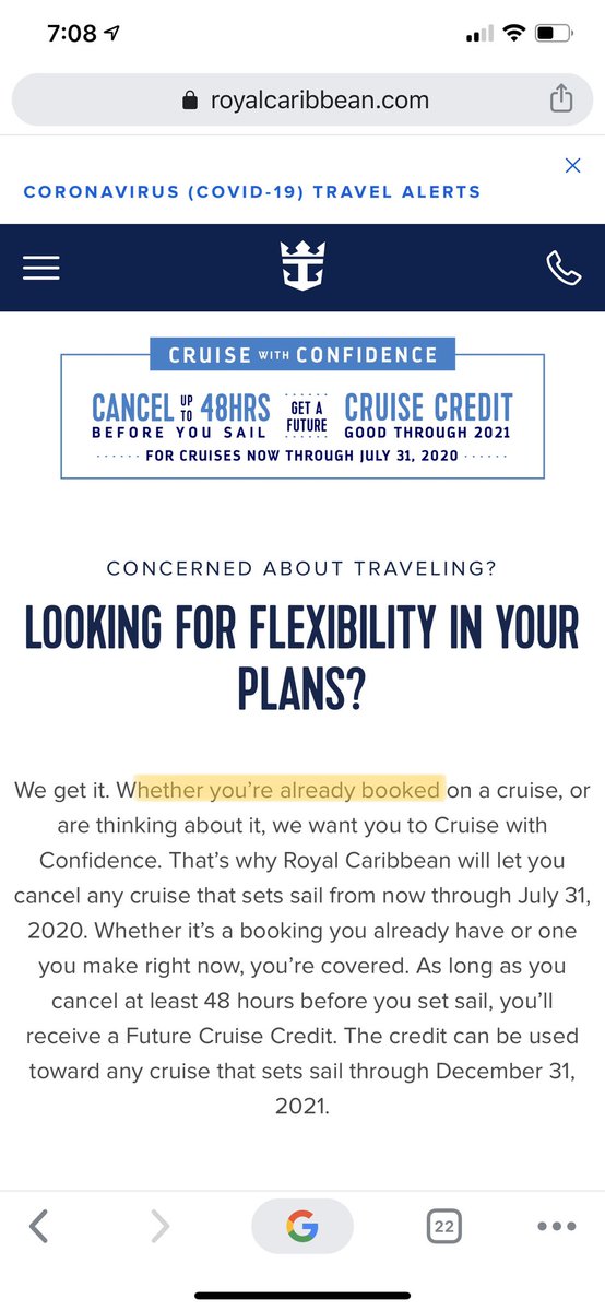 dmaister's tweet photo. @RoyalCaribbean I understand the dates. We have a booking on June 1. Do we need to do anything or are we covered under this temporary grace offer? The FAQ implies any booking in that time period, no matter when it was booked and doesn’t imply any prior trip protection requirement. Correct? https://t.co/FiBpHBX5NI