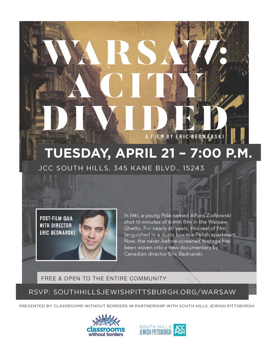 SHJewishPgh's tweet photo. In 1941, a young Pole named  shot 10 minutes of 8-mm film in the Warsaw Ghetto. The never-before-screened footage has been woven into a new documentary.

View a screening of this  film on Tues, 4/21 at 7 p.m. at the SHJCC.

FREE &amp; open to the community. 

https://t.co/tPhM05jnnV https://t.co/5OsL5elA6A