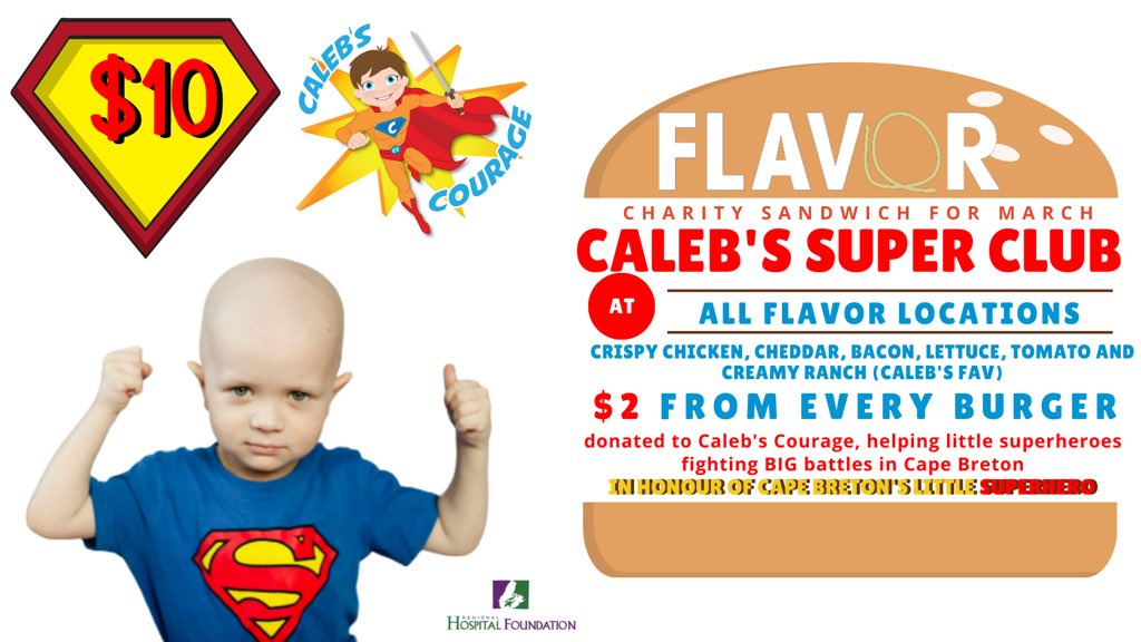 CBRHFoundation's tweet photo. Caleb's SUPER Club is the amazing charity burger of the month for March. 

Stop by any @cbflavor location to get yours for only $10, with $2 supporting children facing critical illness in Cape Breton. 

#CalebsSuperClub #Flavor #BecauseUCare #GiveWhereYouLive  #CapeBreton https://t.co/8RKWt3xzM2