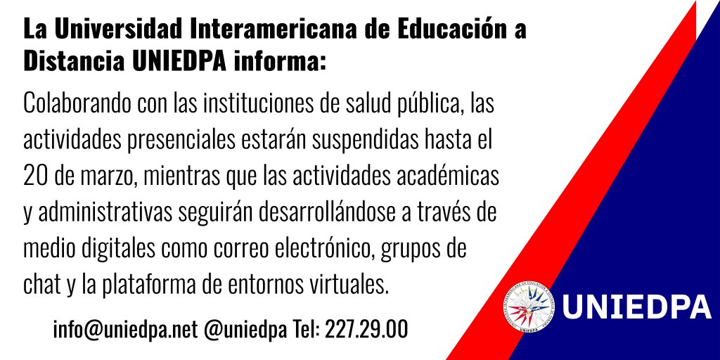 Colaborando con las instituciones de salud pública, las actividades presenciales estarán suspendidas hasta el 20 de marzo, mientras que las actividades académicas y administrativas seguirán desarrollándose a través de medios digitales, como correo, chat y la plataforma virtual.
