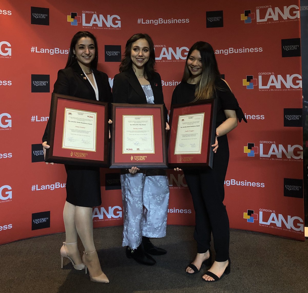 UofGCCMPS's tweet photo. The three award winners - @LangUofG student Emily (left) and @GuelphEng student Joelle (right) received the Jennifer Smith Resilience Scholarship. @OntVetCollege student Bailey (middle) received the #HeForShe Ally Scholarship. Congratulations! https://t.co/8UuWDRHZhc