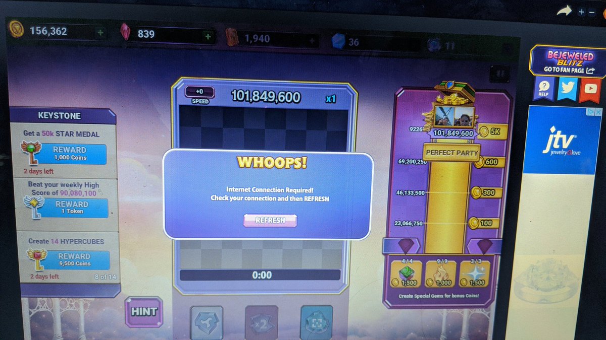 XSRVIBROMASTER's tweet photo. @bejeweledgame tired of the bull. Highest score I ever got and got perfect party... Then a whoops. No internet problems in this house. Please fix your app in the FB Game room. This happens frequently to my wife and myself https://t.co/XDiJwwaHav