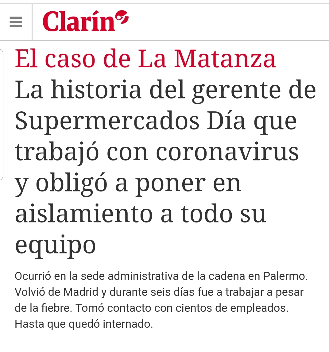 juan_amorin's tweet photo. Un gerente de Día Argentina estuvo en España, volvió con fiebre y fue a trabajar una semana entera antes de  hacerse estudios médicos, que le dieron positivo en coronavirus por supuesto.

Gracias a él ahora hay unos 300 empleados en cuarentena. Gran ejemplo de solidaridad. https://t.co/Atw01yATX3