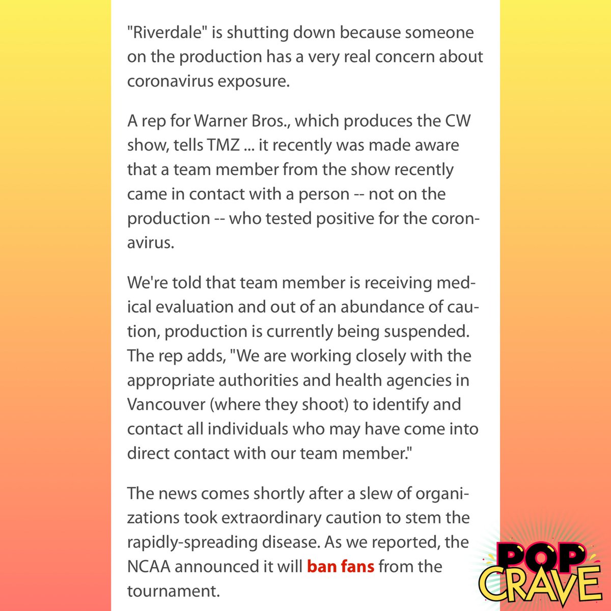 PopCrave's tweet photo. #Riverdale production has been shut down due to coronavirus scare. https://t.co/8Aoz4PLXFq