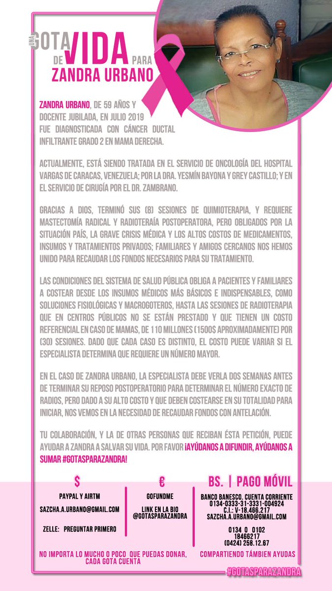 sazchacosta's tweet image. Ella es mi mamá, estamos luchando contra cáncer de mama. Terminó quimios y está en proceso de mastectomía. Necesitamos apoyo, no tenemos cómo costear las radios 😭 Con un RT y que llegue a más personas, será de mucha ayuda. Su caso en:  instagram.com/gotasparazandr…