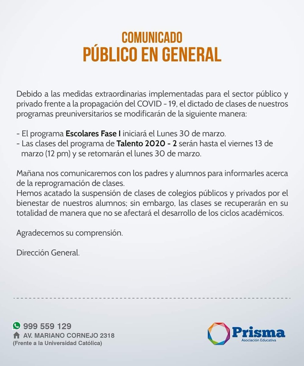 academia_prisma's tweet photo. 🚨 𝗖𝗢𝗠𝗨𝗡𝗜𝗖𝗔𝗗𝗢
Al público en general:
Compartimos las medidas tomadas por nuestra institución con respecto a las clases de nuestros programas académicos.
PRISMA
PUCP https://t.co/uUc9YDDKM0