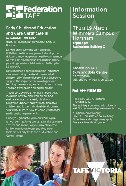 FREE TAFE

Here's a great opportunity to get into a growth industry

Come along and check out the <a href="/FedUniAustralia/">Federation University</a>  Certificate III in Early Childhood Education and Care information session

12pm Horsham Campus on Thurs 19 March

<a href="/theweeklyaddy/">Weekly Advertiser</a> @Wim_Mail_Times @DETVic <a href="/The_WDA/">Wimmera Development Association Ltd</a>