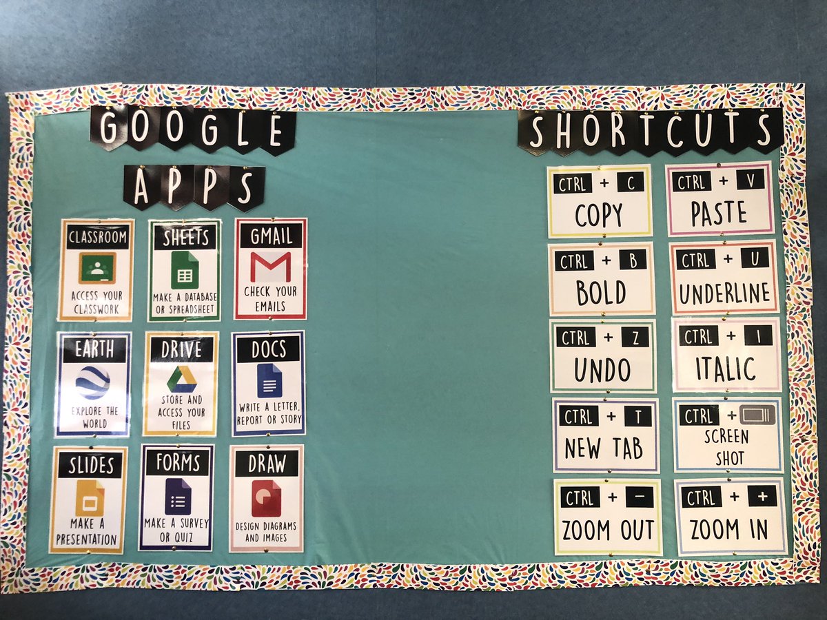 MissBateup's tweet photo. Our new posters in the lab! 
Feauturing all the Google apps we use, and our keyboard shortcuts for our Chromebooks! https://t.co/UaMhzwk6pR