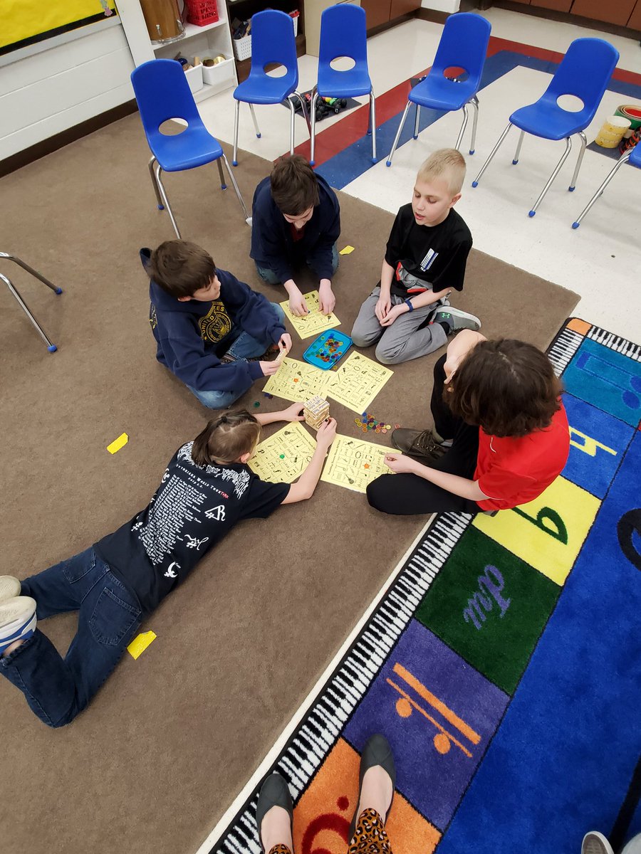 LewisPetsMusic's tweet photo. 5th graders playing Tumbling Towers Bingo. Reviewing music symbols and rhythms.  #proudpetspatriots #resourcerocks @wallaceteaching https://t.co/Jlaew79Y6f