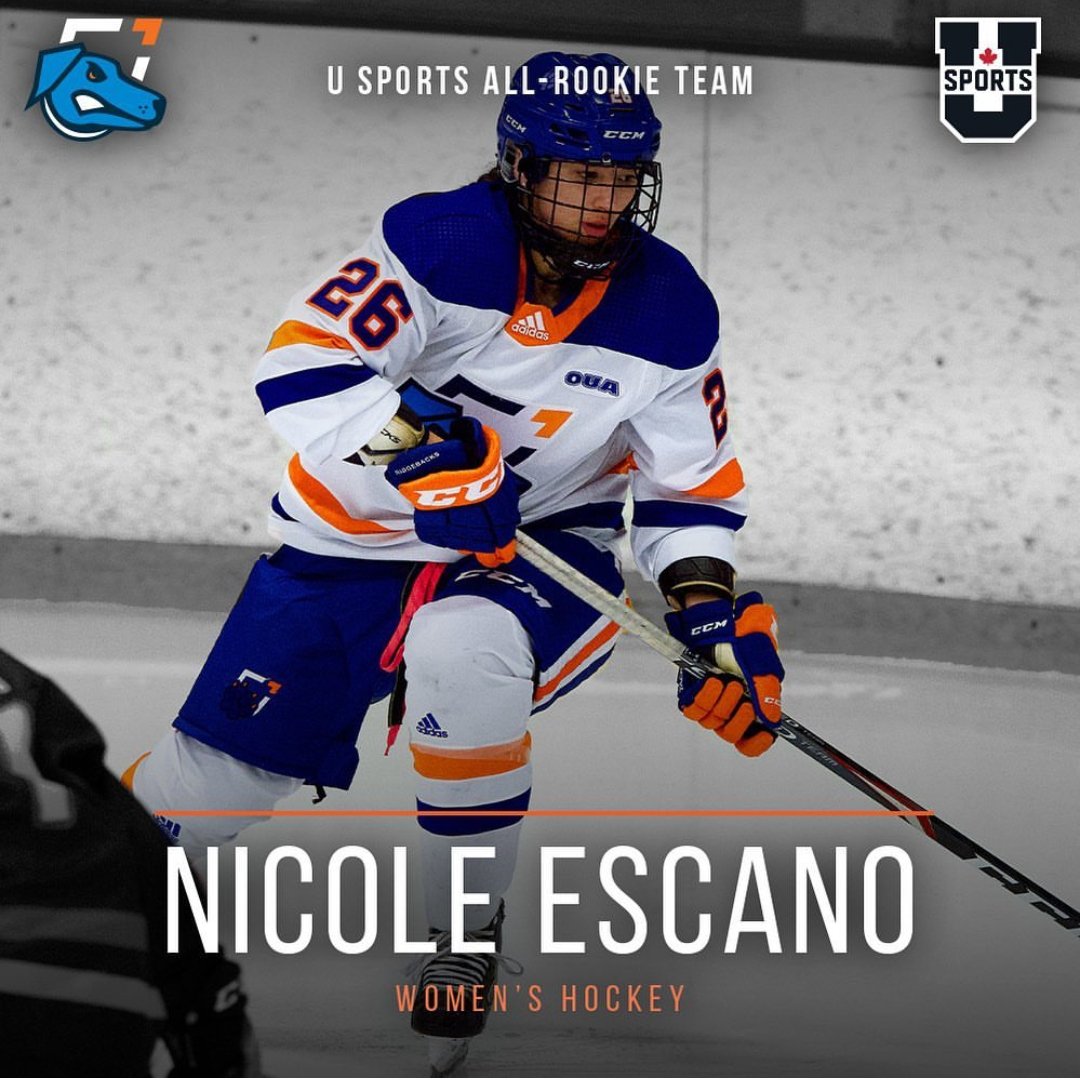 DonnaEscano's tweet image. This evening in Charlottetown, PEI, at the USports National Championship Awards Celebration, Nicole Escano received the attached, acknowledging her being named to the USports All Rookie Team. Your hard work in the gym and on the ice is rewarded by your success this season.