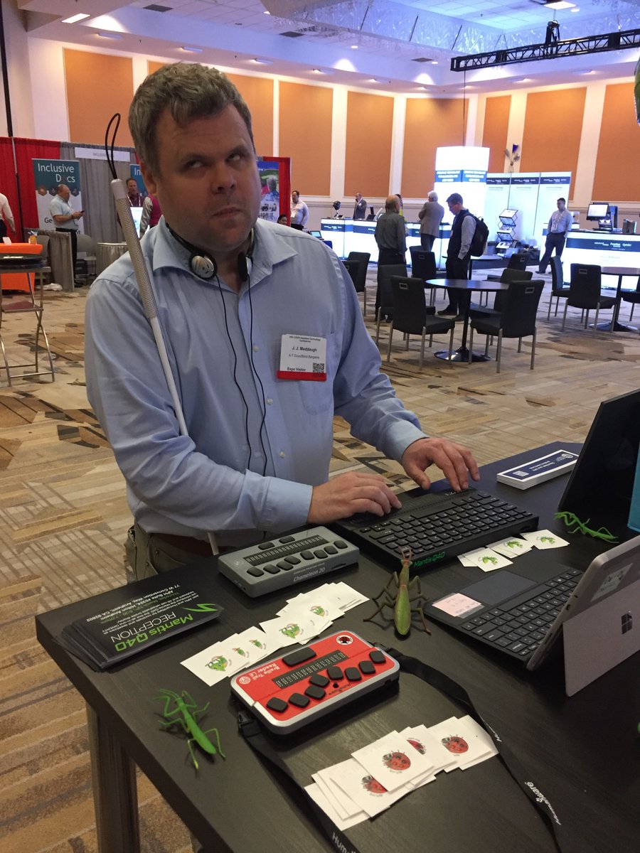 APHfortheBlind's tweet photo. We're wrapping up a great first day in the exhibit hall at #CSUN20! JJ Meddaugh from @BlindBargain and tech enthusiast @ChrisDuffley stopped by to check out our new braille tech including the Mantis Q40!! #CSUNATC20 @CSUNCOD https://t.co/xFHXpeGJ9z