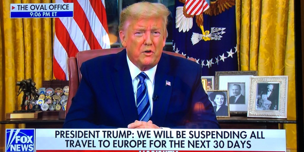 All travel suspended from Europe entering the US for 30 days effective Friday at midnight. Copayments will be suspended for treatments of coronovirus. Our President is always working for the safety of the American people. God bless him and God bless our country 🇺🇸❤️🇺🇸❤️🇺🇸