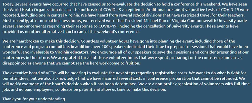 VCTMath's tweet photo. We are devastated to make the decision to cancel #VCTM2020. https://t.co/pjSGCq1PsY
