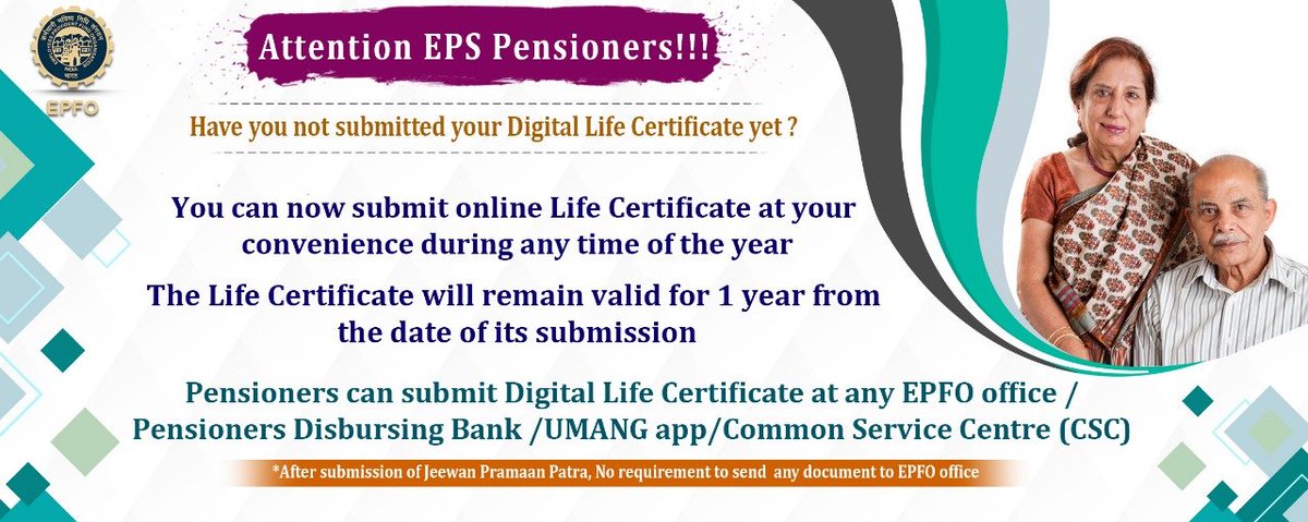 EPS Pensioners who have not submitted their #DigitalLifeCertificate yet can now submit online Life Certificate during any time of the year. The #LifeCertificate will remain valid for 1 year from the date of its submission

#EPFO
