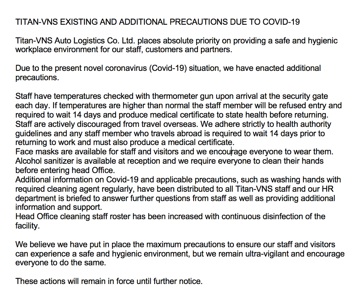 TitanVNS's tweet photo. Notice: "#TitanVNS places absolute priority on providing a #safe and #hygienic workplace environment for our staff, customers &amp; partners" #NovelCoronavirus #COVID19 #Coronavirus #StaySafe https://t.co/seDyfuUNRD