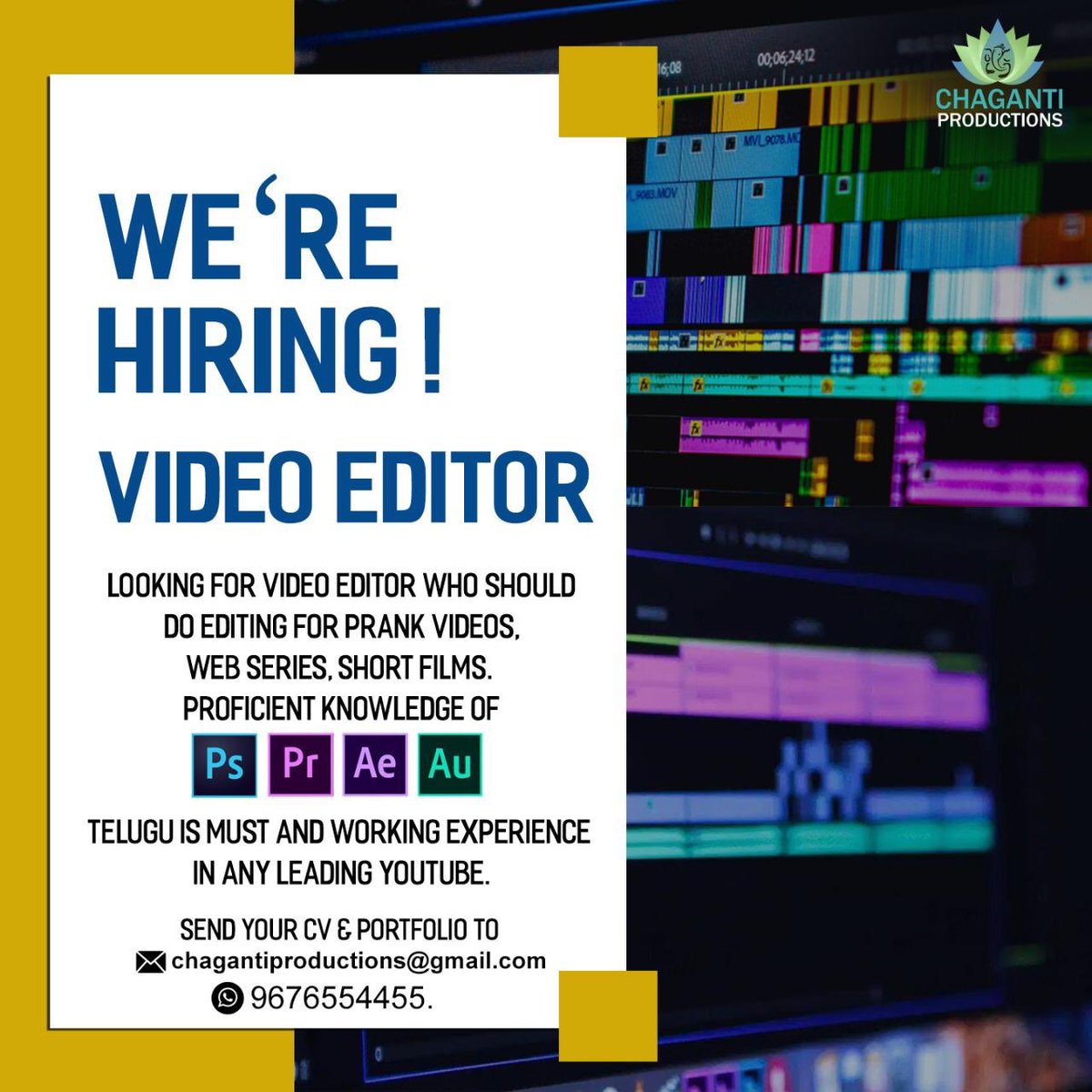 chagantiproducs's tweet photo. we are hiring video editor 

#videoeditor #editorjob #videoeditorjob https://t.co/DKCyCs3vSO