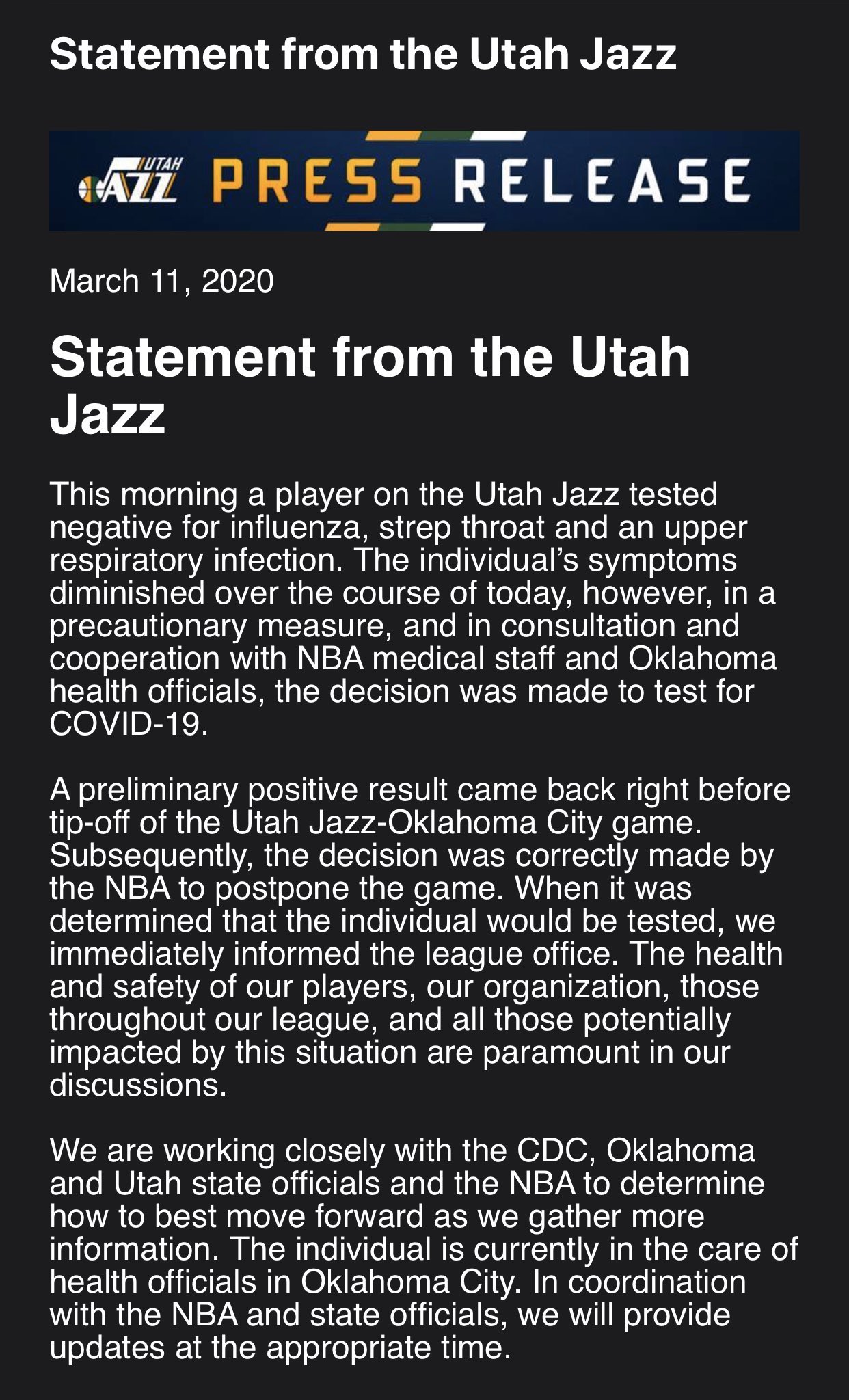 Statement from the Utah Jazz