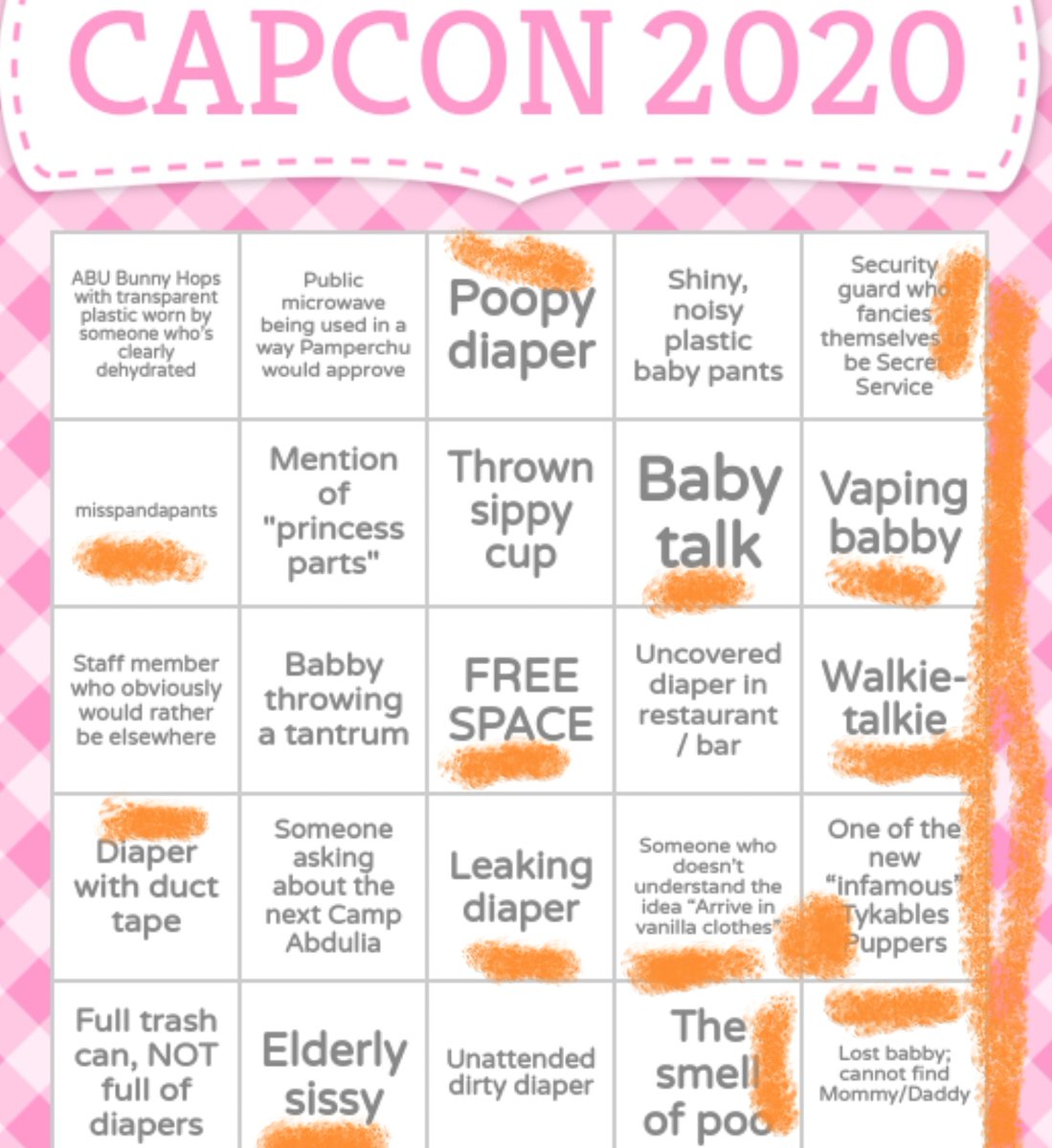 diaperperv's tweet photo. #CAPConX #CapCon2020 bingo!! I don't understand the microwave one tho. I'm sure all these squares happened, I just didn't notice cuz I was diaper checking you. https://t.co/eFmqwF3uAU
