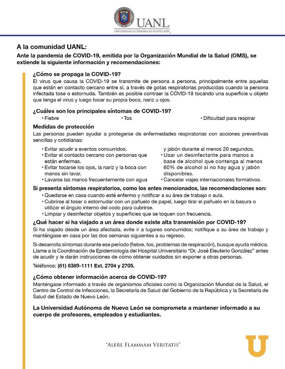 Ante el primer caso reportado de #COVID19 en #NL y la declaración de pandemia de la Organización Mundial de la Salud (#OMS) por esta enfermedad les compartimos esta valiosa información:
