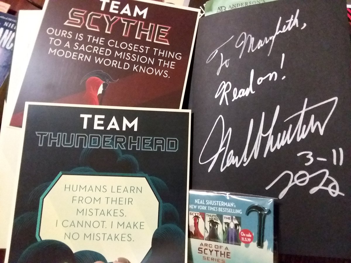 HCMSreads's tweet photo. I know you're jealous! TY @NealShusterman for insight into the #arcofthescythe series and all your other great works!#teamthunderhead @HCMSTigers157c #hc157c @RCYRBA @johnsonkorinne1 @RgradyE @taraohea @CKDonovan5 https://t.co/i9chTiZz3W