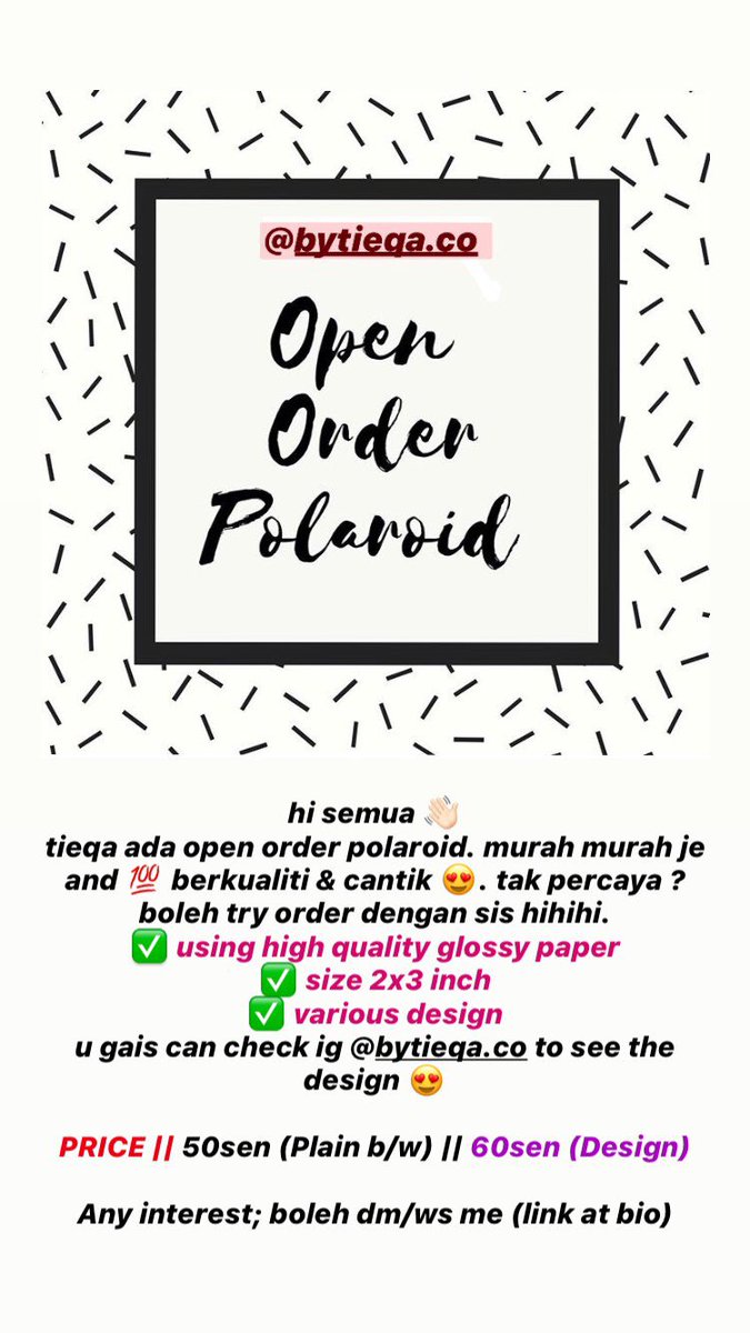 daktieqa's tweet image. ⚫️ POLAROID PLAIN B/W - RM0.50
🔵 POLAROID DESIGN - RM0.60
📮 Postage || RM7 sm || RM12 ss
📦 COD || UITMPP || Kepala Batas

Rt untuk rezeki saya, tq 🥰