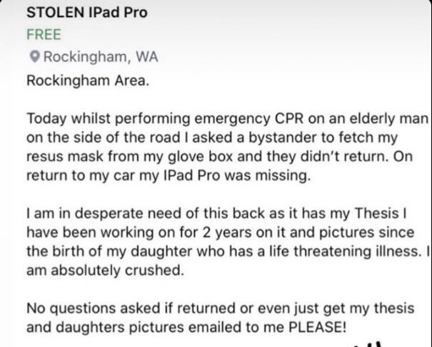 Barnsy_Lisa's tweet image. Latara says she believes the bystander took the iPad while she was giving first aid to the man. She’s upset, but just wants it back. Says it wouldn’t stop her helping in future. Took place along Ennis Avenue, Warnbro, y/day arvo. Any info to local police. #perthnews