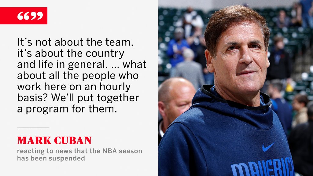 espn's tweet photo. In response to a question about how this news impacted his team, Mark Cuban considered how it impacts hourly workers and said they'll "put together a program for them." https://t.co/jhAtDnZAcz