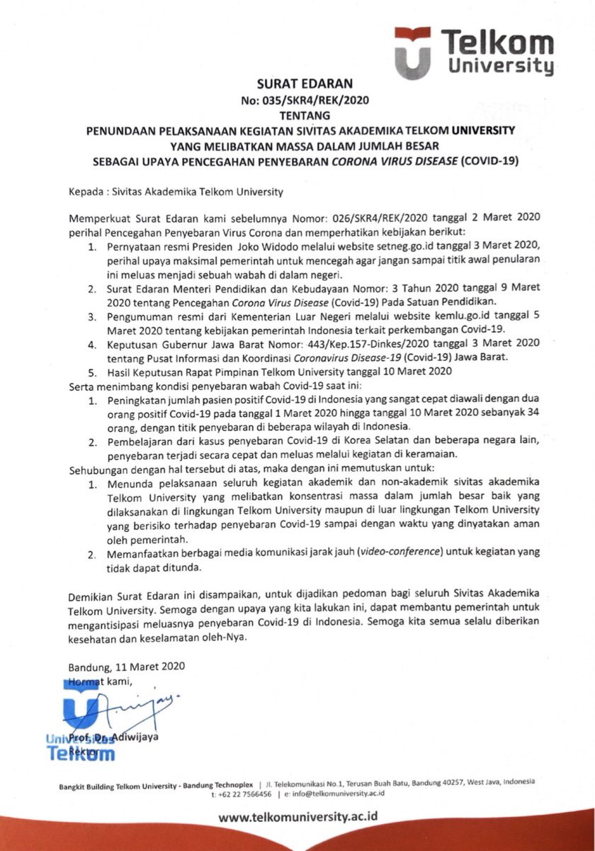 Berikut kami sampaikan Surat Edaran Rektor Nomor: 035/SKR4/REK/2020 tentang Penundaan Pelaksanaan Kegiatan Sivitas Akademika Telkom University yang Melibatkan Massa Dalam Jumlah Besar Sebagai Upaya Pencegahan Penyebaran Corona Virus Disease (Covid-19).
#telkomuniversity
