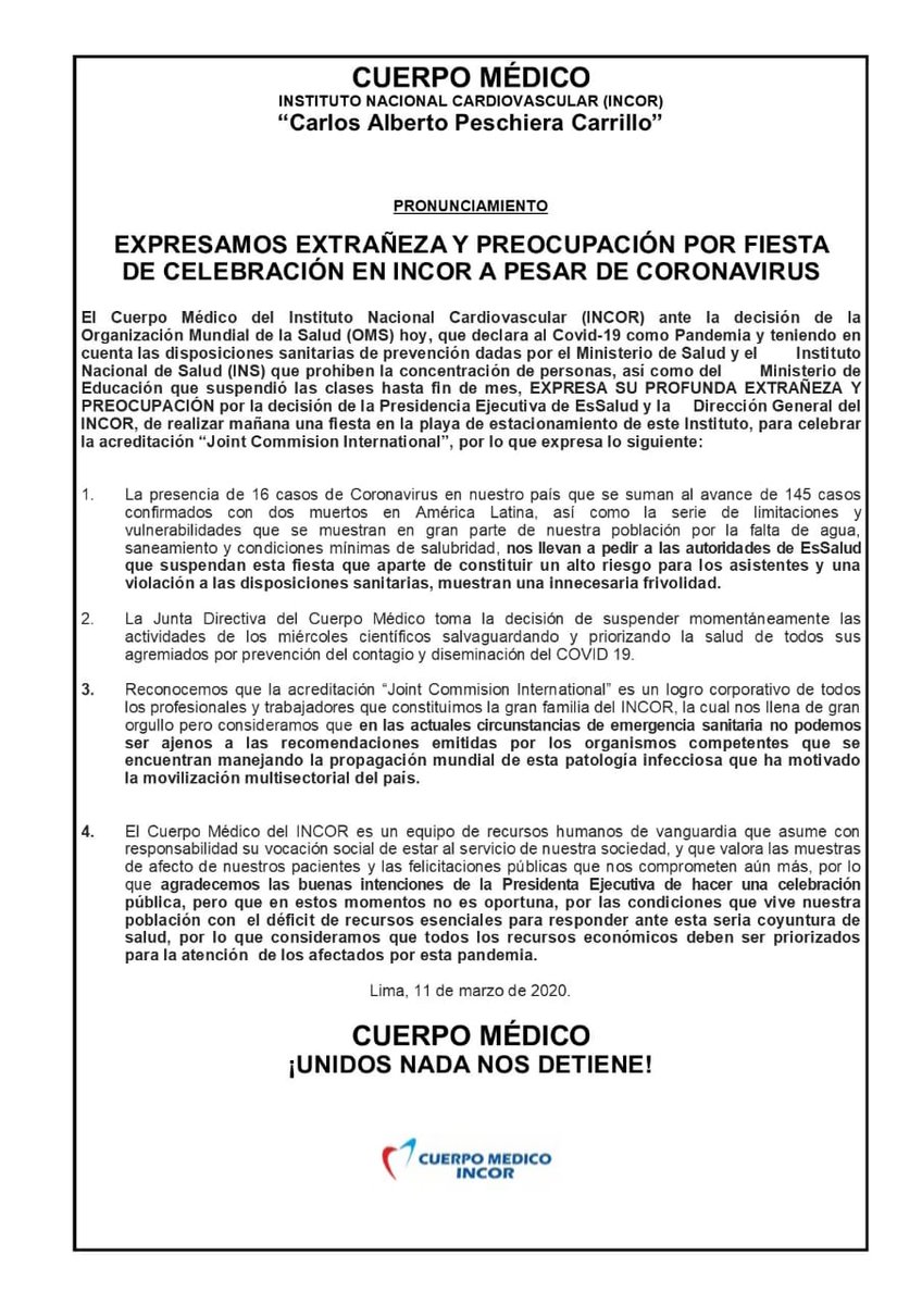 Sinamssop_Of's tweet photo. 🔴 URGENTE | Cuerpo Médico del #INCOR expresa extrañéza y preocupación. @EsSaludPeru @OPSOMSPeru @opsoms @Minsa_Peru  #Covid19 https://t.co/UrJal2MvNK