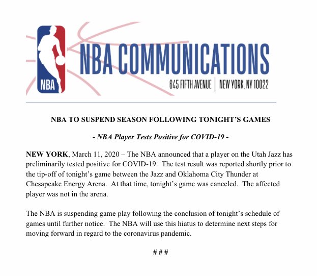 NBAOfficial's tweet photo. NBA to Suspend Season Following Tonight's Games https://t.co/TLktY9ehPh