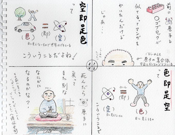 おちのない4コマまんがをかく修行をしています。みなさんもおちのないマンガを読んで、いいねを押す修行をしてみませんか? タイトルは「瞑想」です #マンガ #4コマ #般若心経 