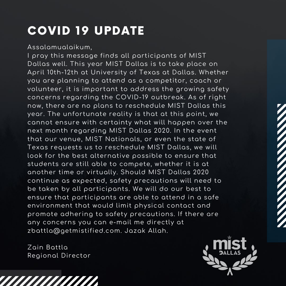 MISTDallas's tweet photo. Statement regarding COVID-19 outbreak from MIST Dallas Regional Director, Zain Battla https://t.co/l16CIEskTz
