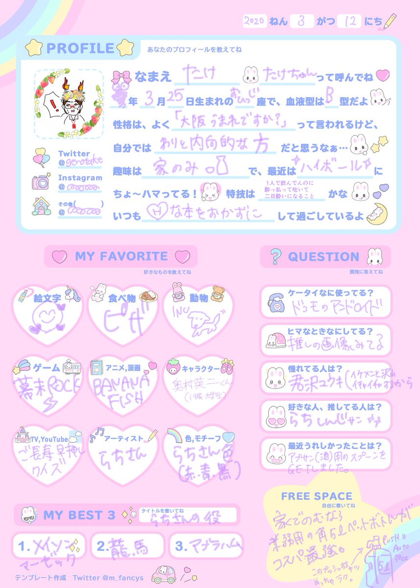 たけ على تويتر 小学生ぶりにプロフィール帳かいた