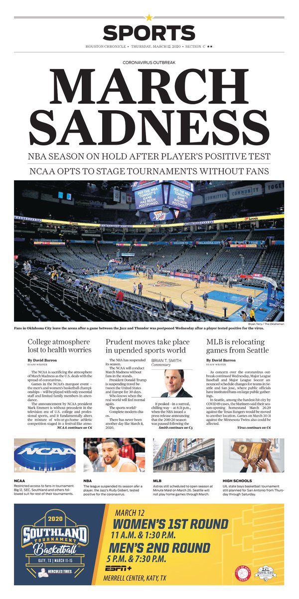 Thursday's @HoustonChron Sports cover: NBA season on hold after player's positive coronavirus test; NCAA opts to stage tournaments without fans https://t.co/iaCIp3c6Jv