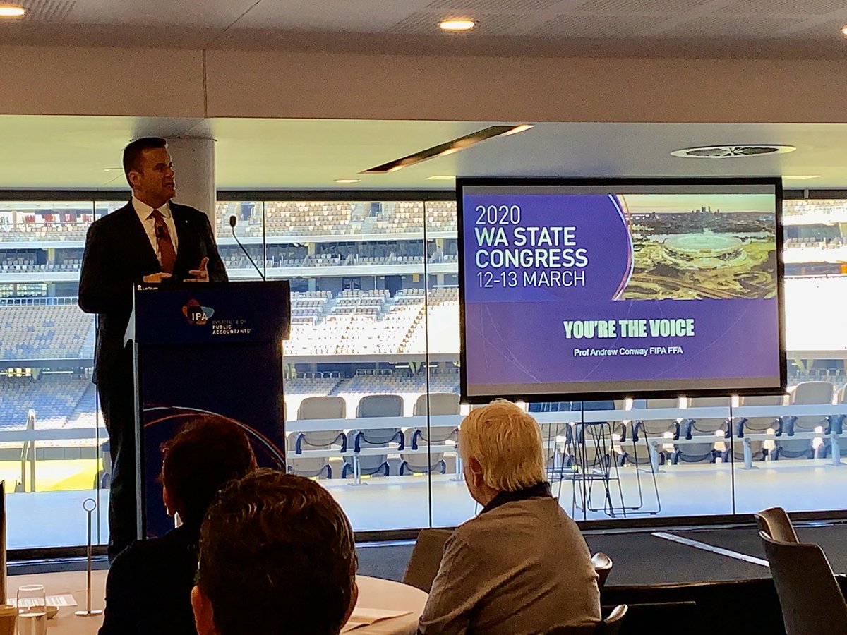 CathCleary's tweet photo. @ipaaccountants  @AndrewConwayCEO welcoming delegates at @OptusStadium to #2020WACongress #Accounting #smallbusiness https://t.co/6WkxFIclqg
