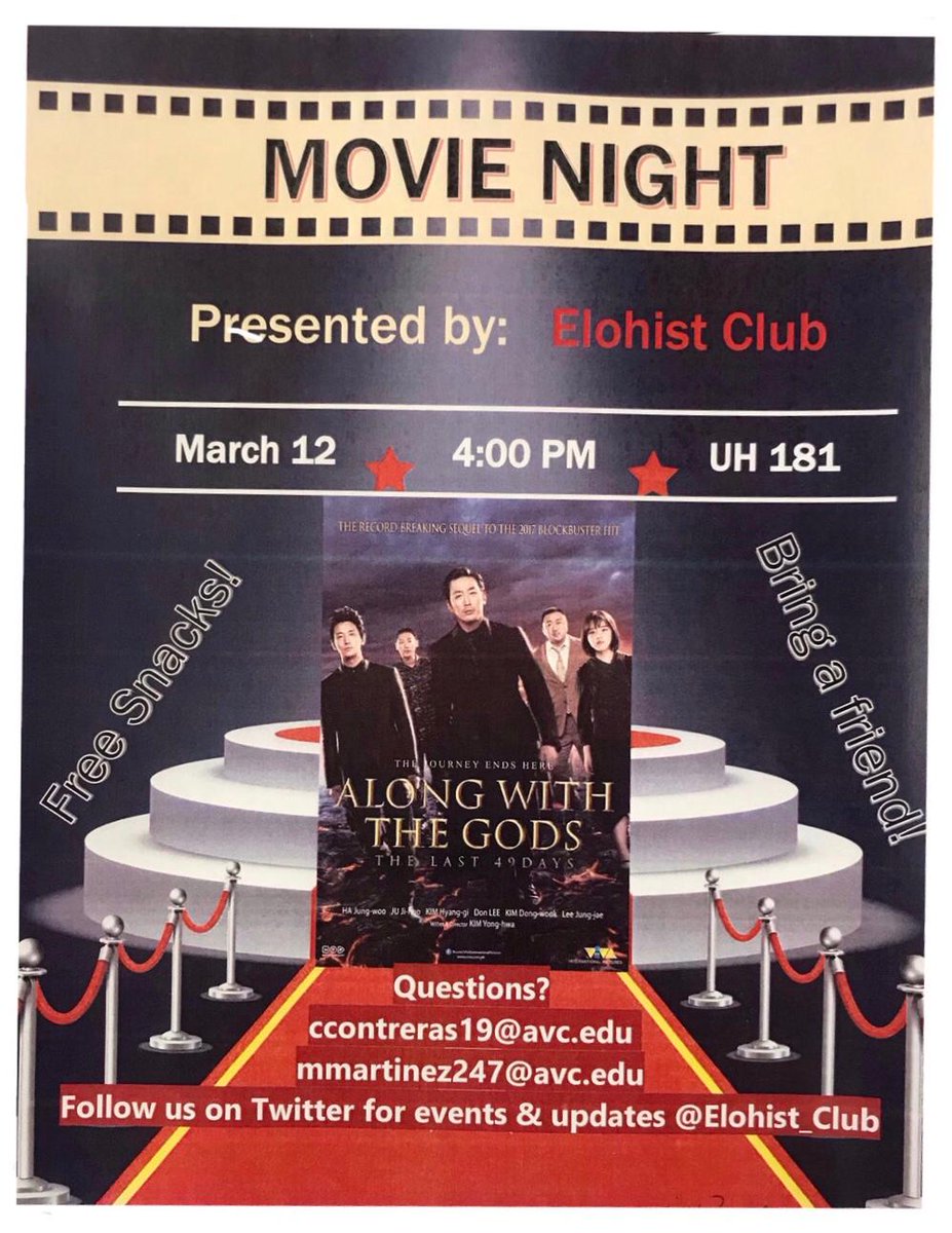 Elohist_Club's tweet photo. Join the AVC Elohist Club for this semester's Movie Night! 
Thursday @4pm in the Uhazy Hall Room 181😁 
Come and join us for snacks and a relaxing moment amongst Pre-Midterm stress https://t.co/cMQ2U0uWPd