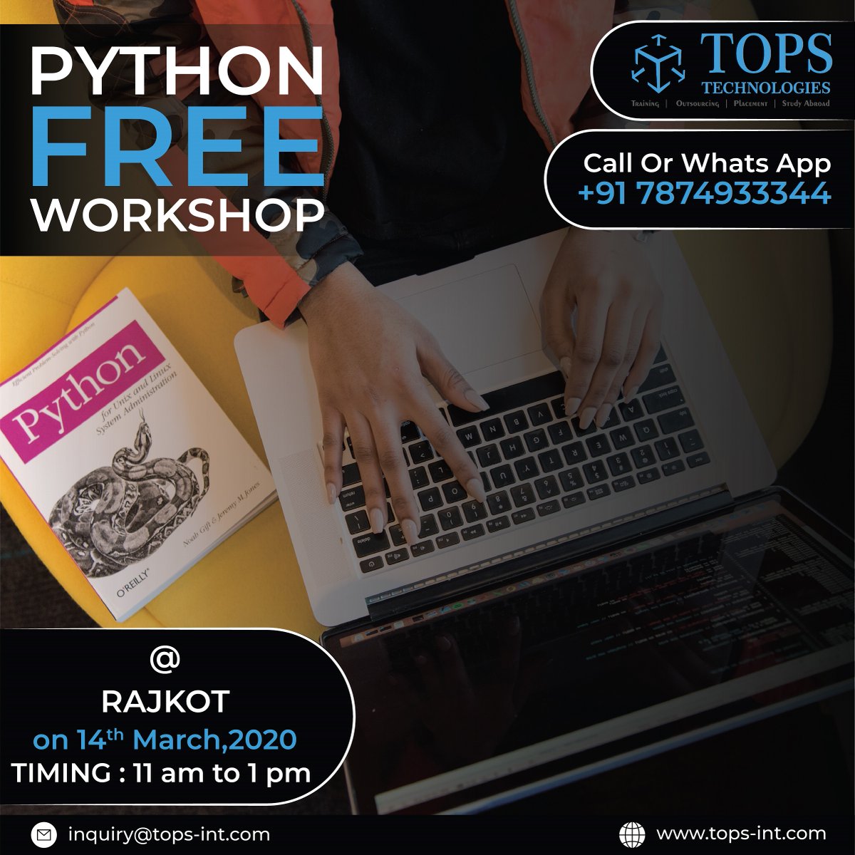 topstech's tweet image. Indeed, Rajkot has super enthusiastic youth who always wanted to learn something new.

On this Saturday we have arranged #FREEworkshop on #Python to keep u updated with latest technologies.

To Register : Call/WA :+91-7874933344

#TopsTechWorkshop #PythonWorkshop #LearnPython