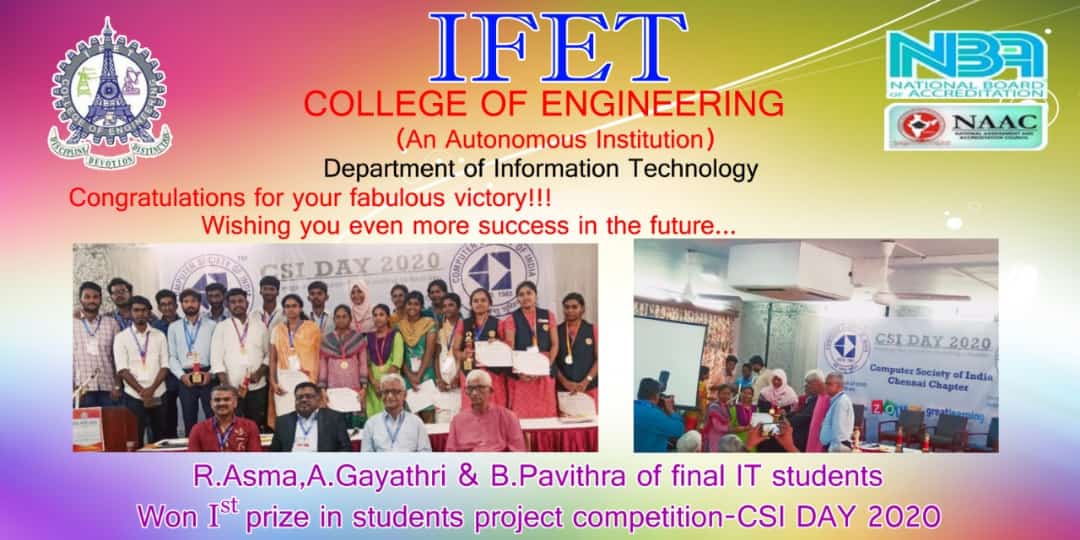 IFET_CE's tweet photo. Congratulations on your well-deserved success. R.Asma, A.Gayathri &amp; B.Pavithra of final students Department of IT have won the first prize in Student’s Project Competition –CSI Day 2020. https://t.co/QHd34IfJ4T