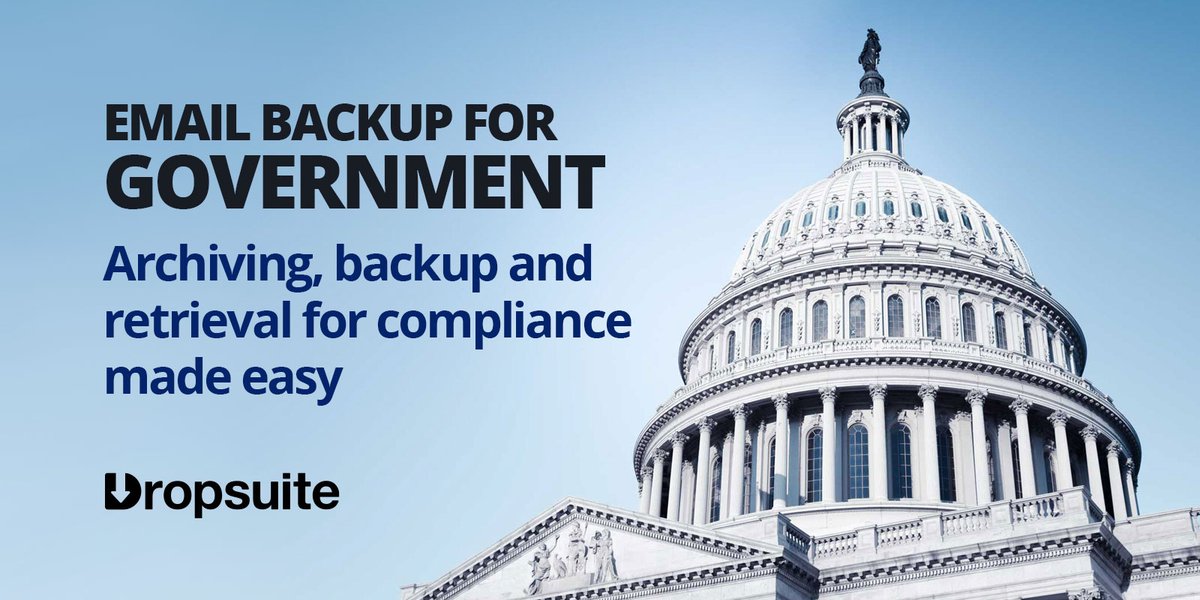 dropsuite's tweet photo. Federal and local #emailcommunications requirements for #governmentAgencies or companies working with them can be daunting. #Dropsuite's secure #emailarchiving (+ #emailbackup) can help you comply with regulations to mitigate any risks: https://t.co/NzNrKXki7D https://t.co/7wnM1bxJgy