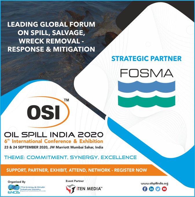 oilspillindia's tweet photo. Pleased to Announce & Welcome, "FOSMA" as our Strategic Partners for OSI 2020 !! #exploration #oilandgas #energy #offshore #oilspill #oil #remediation #mitigation #preparedness #response #renewables #internationalconference #wreckremoval #Shipping #fosma #osi2020 https://t.co/7k080b0sL6