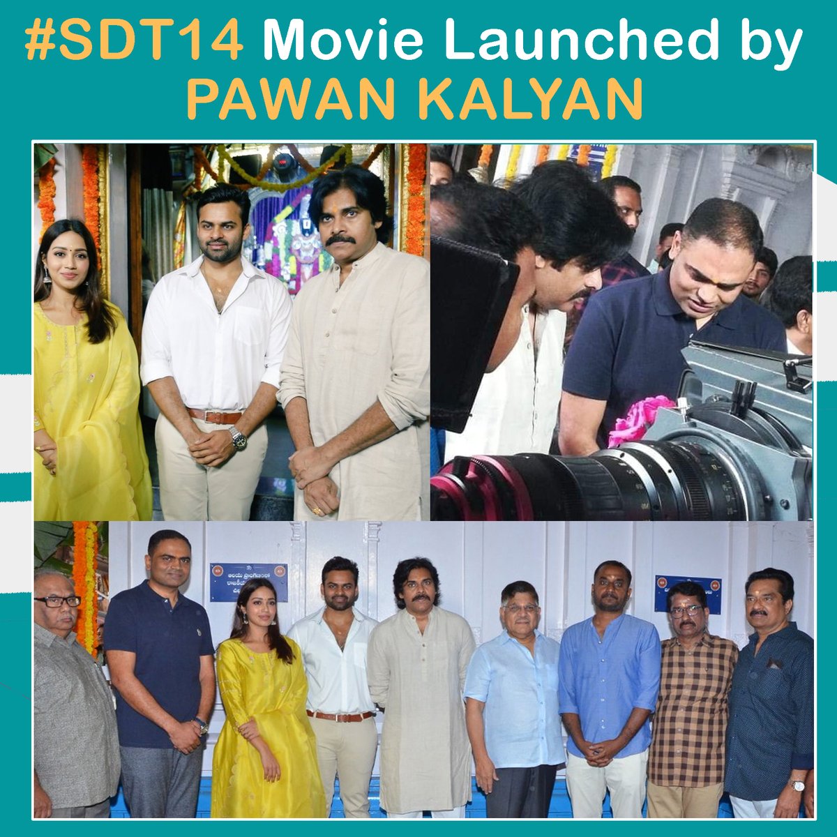 TeluguShowTime's tweet photo. #SDT14 starts today in the presence of #PawanKalyan, Allu Arvind, BVSN Prasad and Vamshi Paidipally.
#SaiTej and #NivethaPethuraj pair up in this
#DevaKatta film.
Produced by Bhagawan and Pulla Rao.
Music - #ManiSharma
DOP - Sham Dat
Shoot starts in April 2020!
#TSTUpdates https://t.co/KOLUGtiyXT
