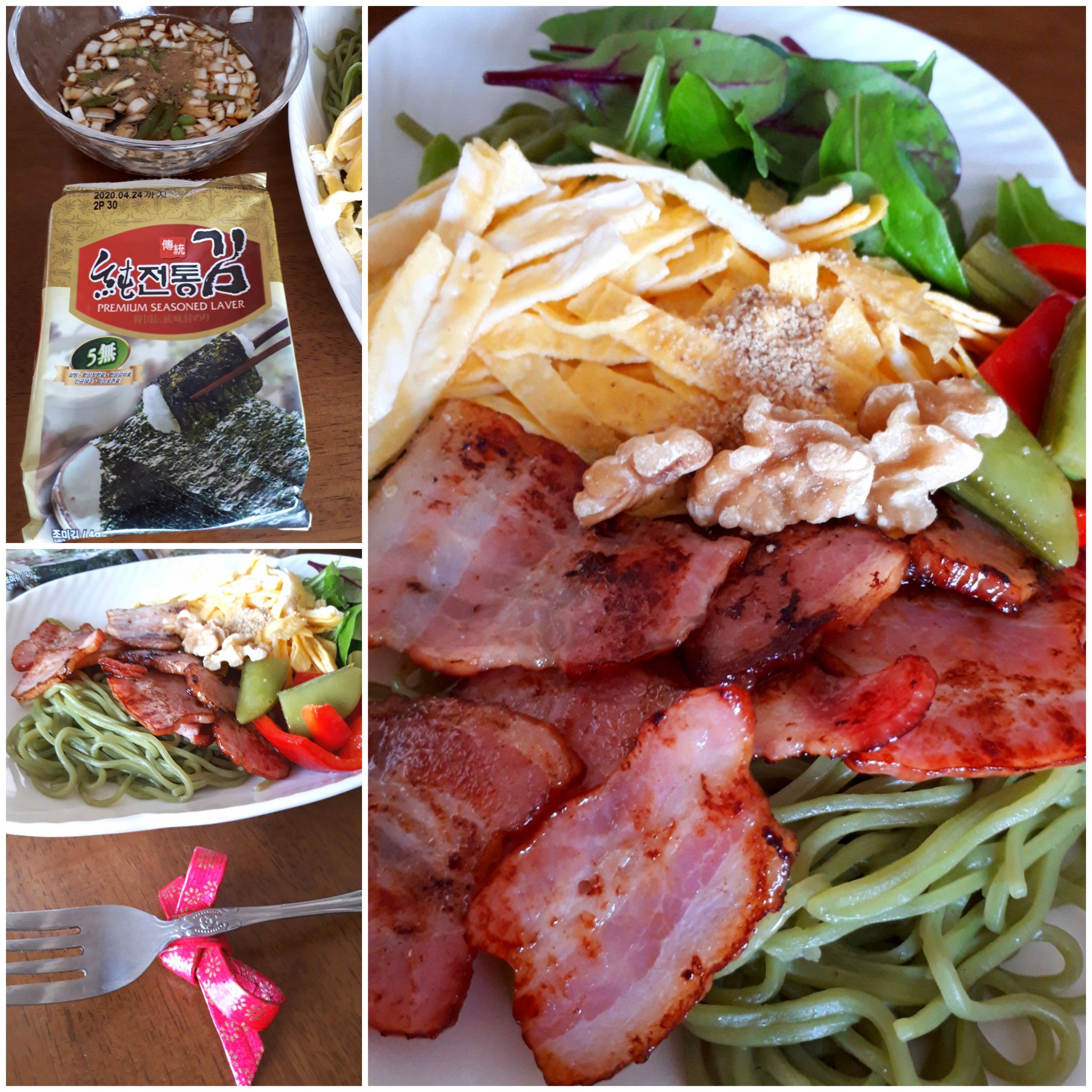 アンジー 山口県の瓦そば アレンジしてみた 美味しかった 茶そば も麺類大好き ルッコラなどベビーリーフたっぷり ベーコンの脂で麺をカリっと焼いて洋風瓦そばにしてみた 韓国のりはもみ海苔にしてパラパラと クルミ 胡麻 赤ピーマンとスナップえん