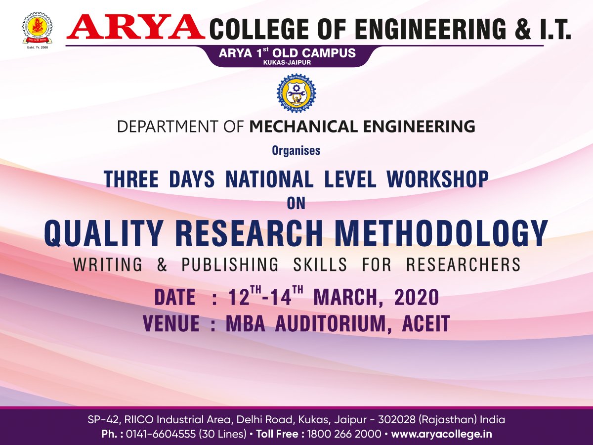 aryacolleges's tweet photo. Arya College of Engineering & I.T. is going to organize Three Day National Level Workshop on #QualityResearchMethodology at #Arya1stoldcampus on 12th-14th Mar 2020. it will address by Dr. Amar Patnaik ( Associate Professor).
#nationallevelworkshop #aryacollege #aryacollegejaipur https://t.co/mHjoV9gn6Z